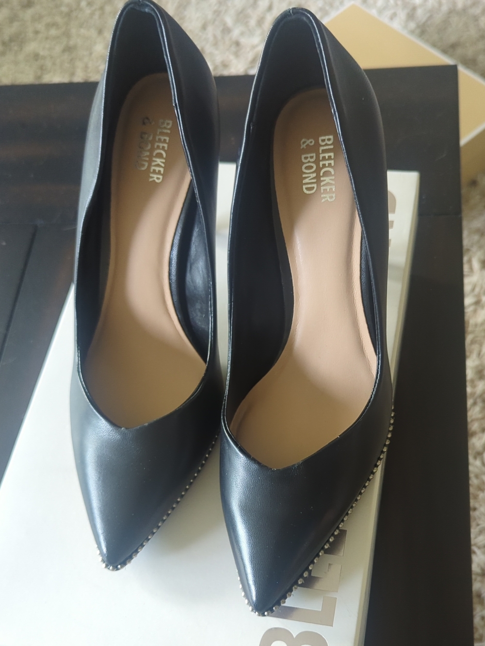 Bleecker & Bond Black Pointed Toe Heels with Stud Trim